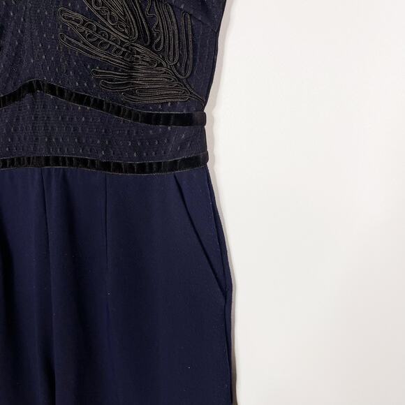 Harlyn Large L Navy Blue Black Lace Illusion Neck Jumpsuit Sleeveless Overlay - Picture 6 of 12